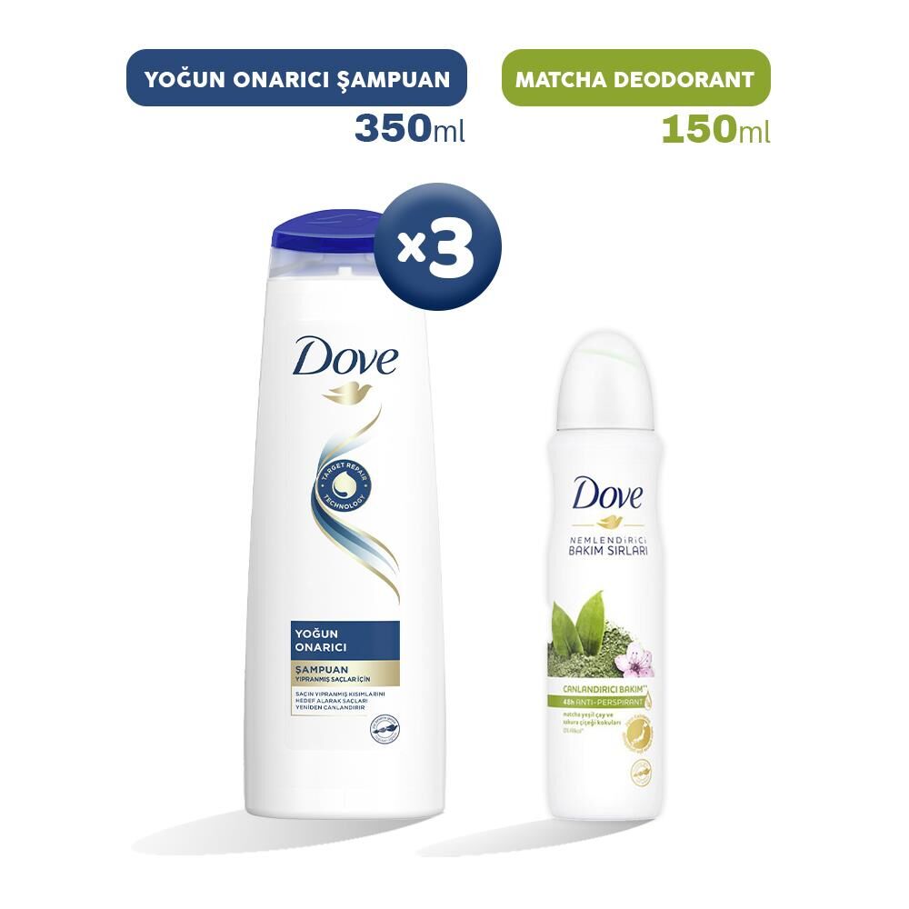 Dove Şampuan Yoğun Onarıcı 350 ml x 3 ve Matcha Kadın Deodorant