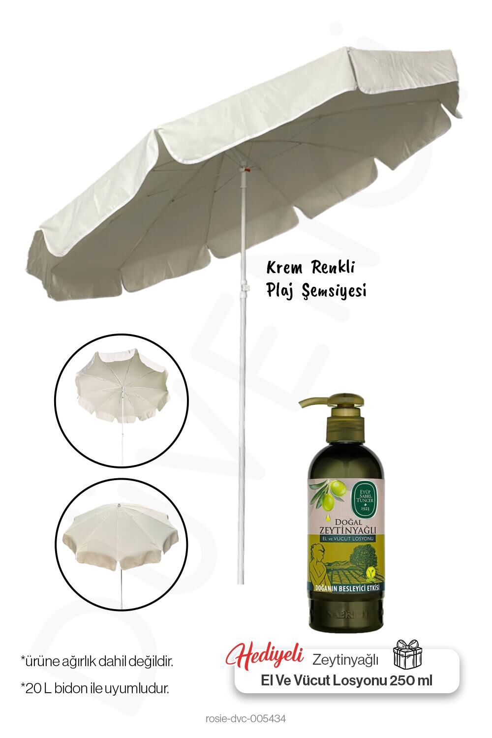 Plaj Şemsiyesi Krem Renkli, 200 CM Çap, 10 Telli  ve Zeytinyağlı Losyon Hediye