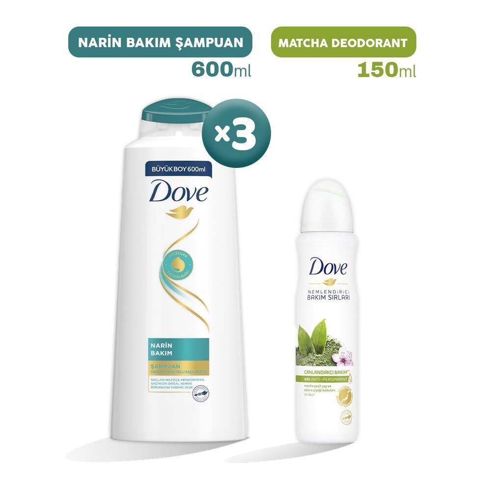 Dove Narin Bakım Şampuan 600 ml x 3 ve Matcha Kadın Deodorant