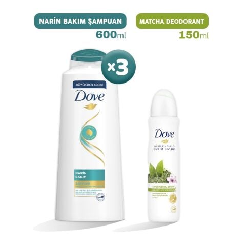 Dove Narin Bakım Şampuan 600 ml x 3 ve Matcha Kadın Deodorant