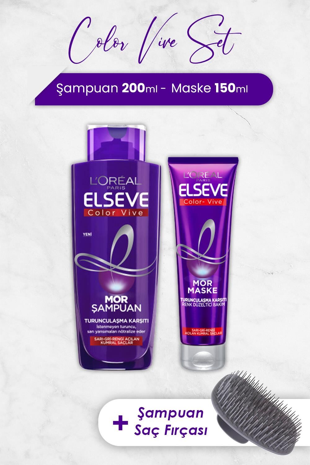 Elseve Color Vive Mor Saç Bakım Serisi ve Şampuan Fırçası