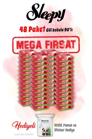 Sleepy 90'lı Mega 48 paket Gül Kokulu Islak Bebek Havlusu ve Rosie hediye
