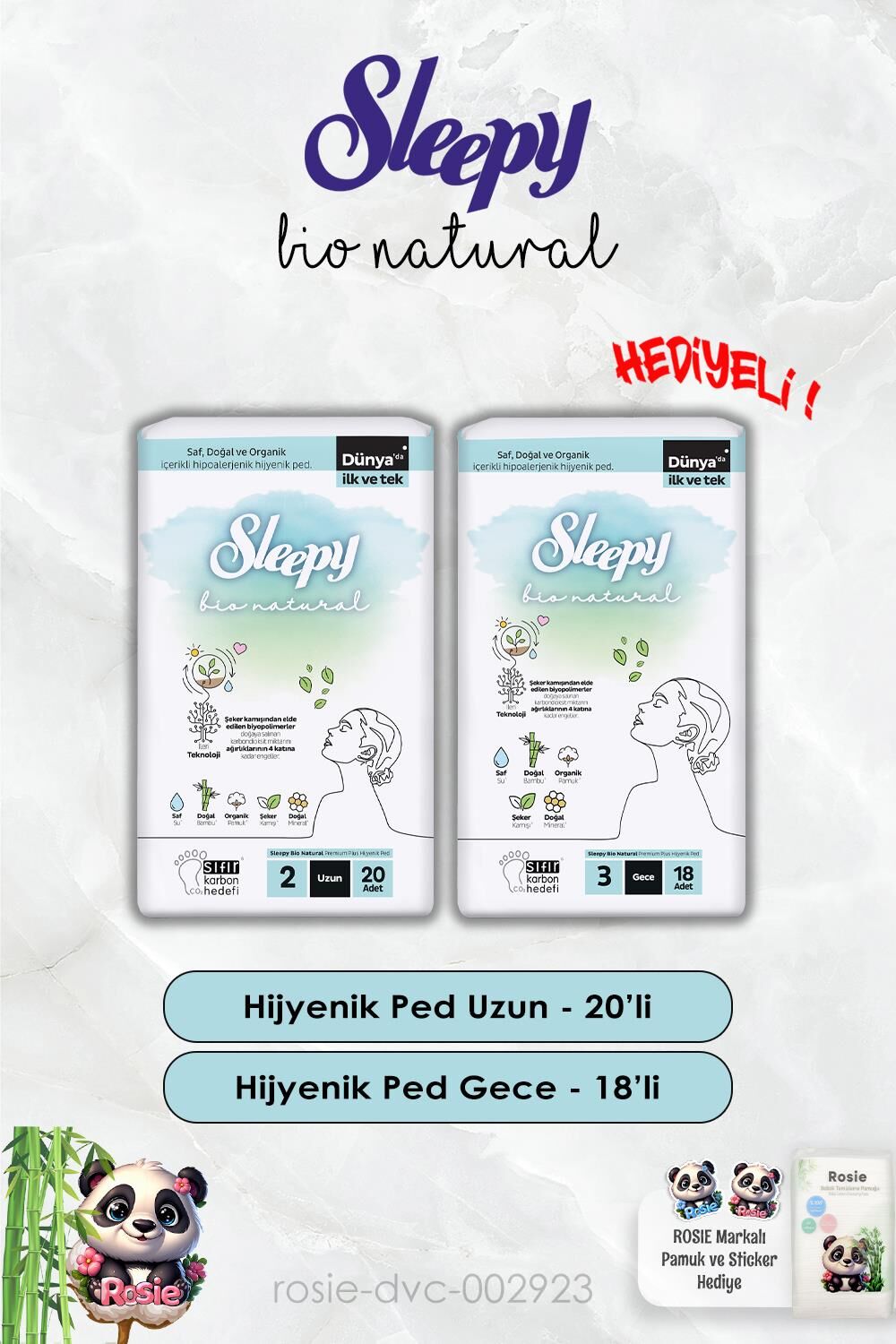 Gece 18'li ve Uzun 20'li Hijyenik Ped Bio Natural Sleepy ve Rosie