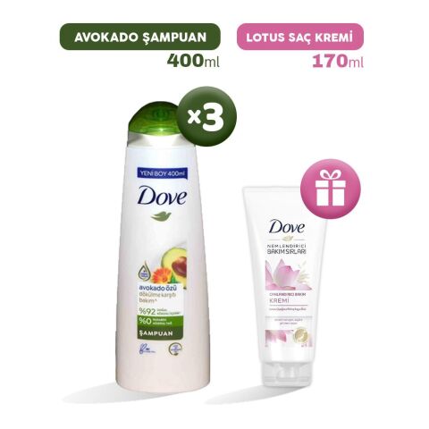 Dove Şampuan Avokado Özü 400 ml x 3, Saç Kremi Hediyeli