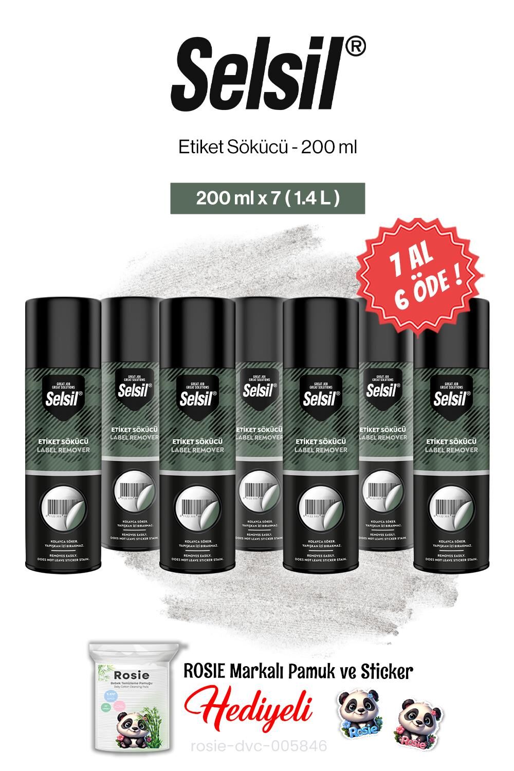 Selsil Etiket Sökücü 200 ml, 7 AL 6 ÖDE ve rosie pamuk