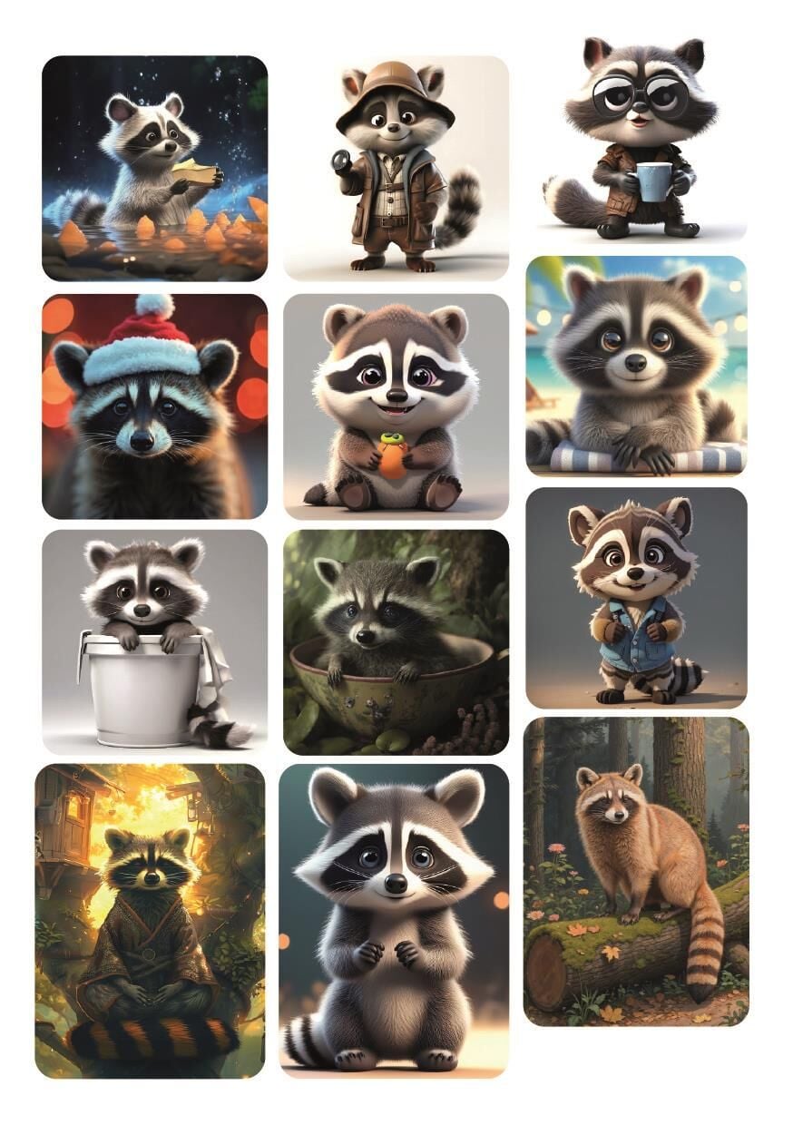 Rakun Temalı 12 ADET Tatlı Sticker