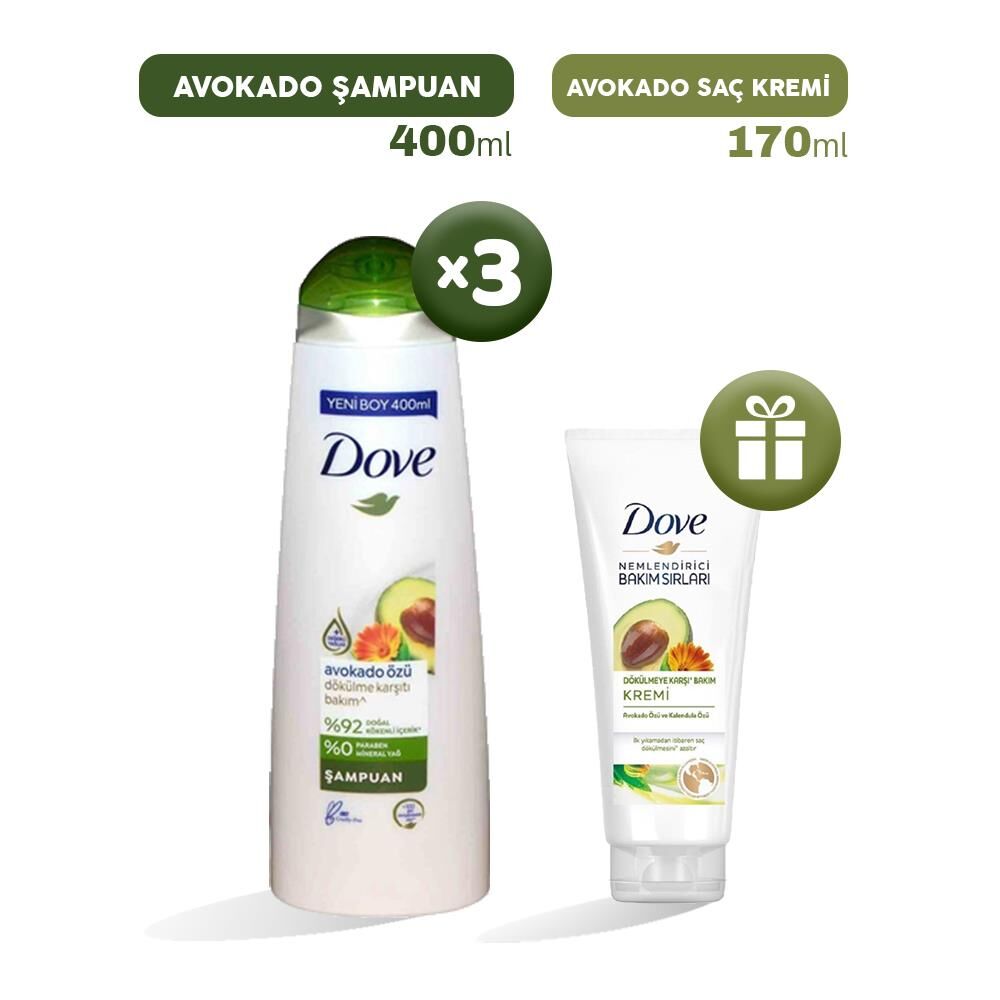 Dove Şampuan Avokado Özü 400 ml x 3, Saç Kremi Hediyeli