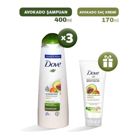 Dove Şampuan Avokado Özü 400 ml x 3, Saç Kremi Hediyeli