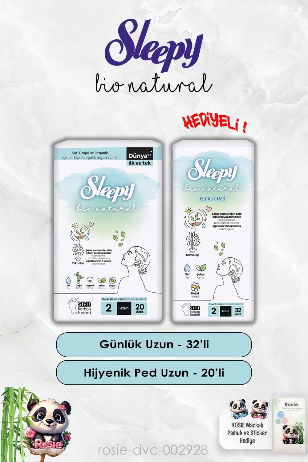 Sleepy Günlük Ped Uzun 32'li ve Hijyenik Uzun 20'li Bio Natural ve Rosie