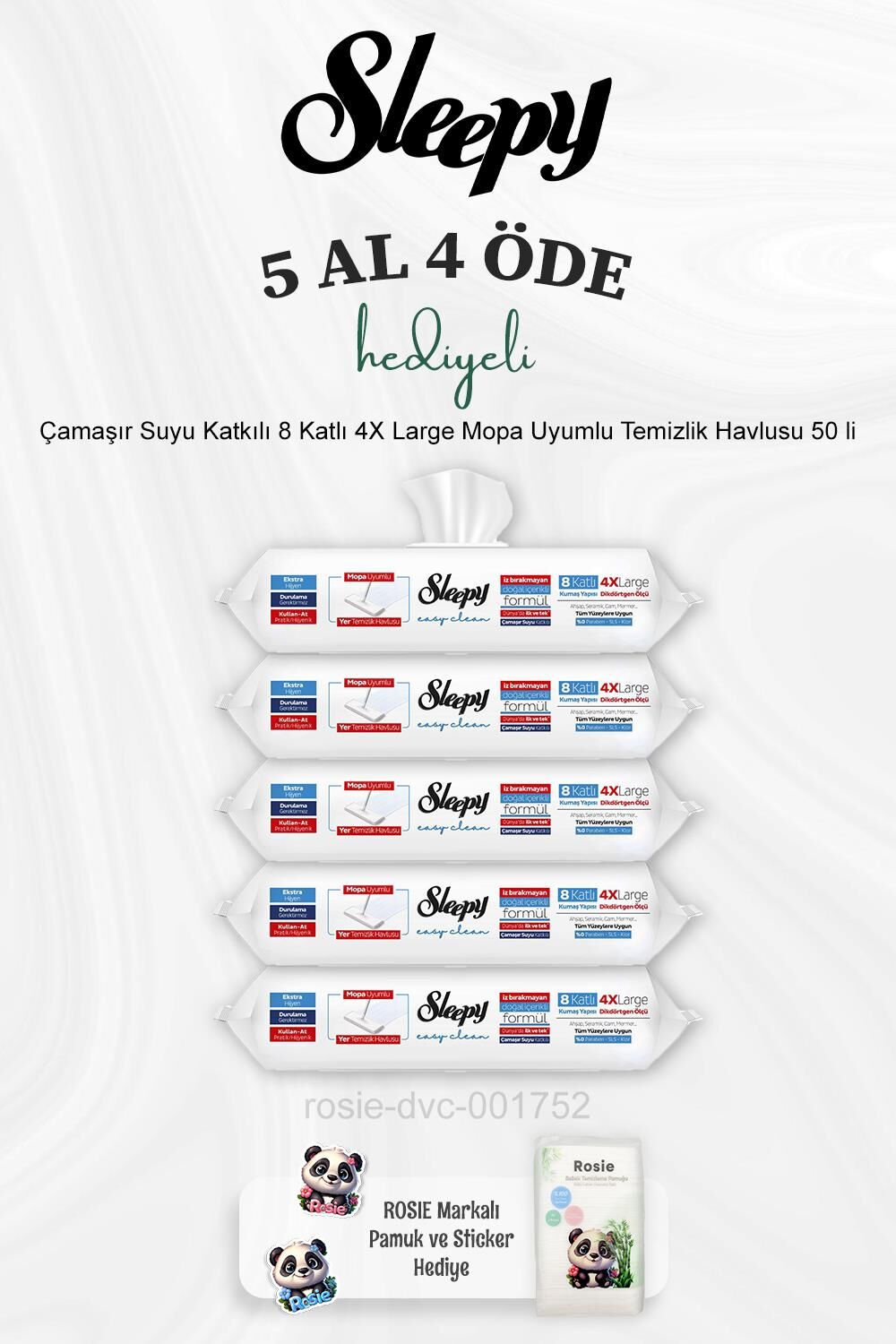 Sleepy Çamaşır Suyu Katkılı 8 Katlı 4X Large Mopa Uyumlu Temizlik Havlusu 50 li 5 Al 4 Öde ve Rosie Pamuk