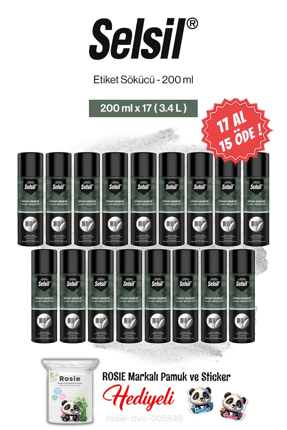 Selsil Etiket Sökücü 200 ml, 17 AL 15 ÖDE ve rosie pamuk