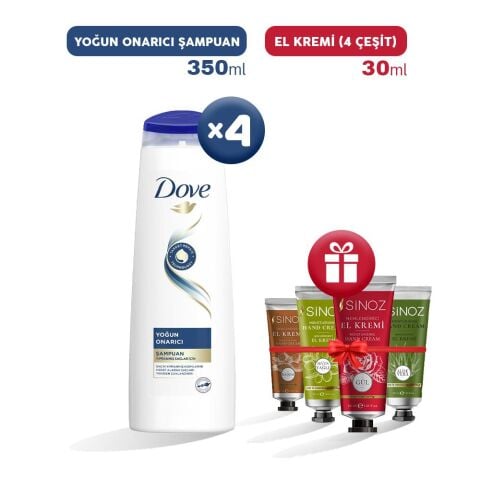 Dove Şampuan Yoğun Onarıcı 350 ml x 4 ve 4 Çeşit El Kremi Hediyeli