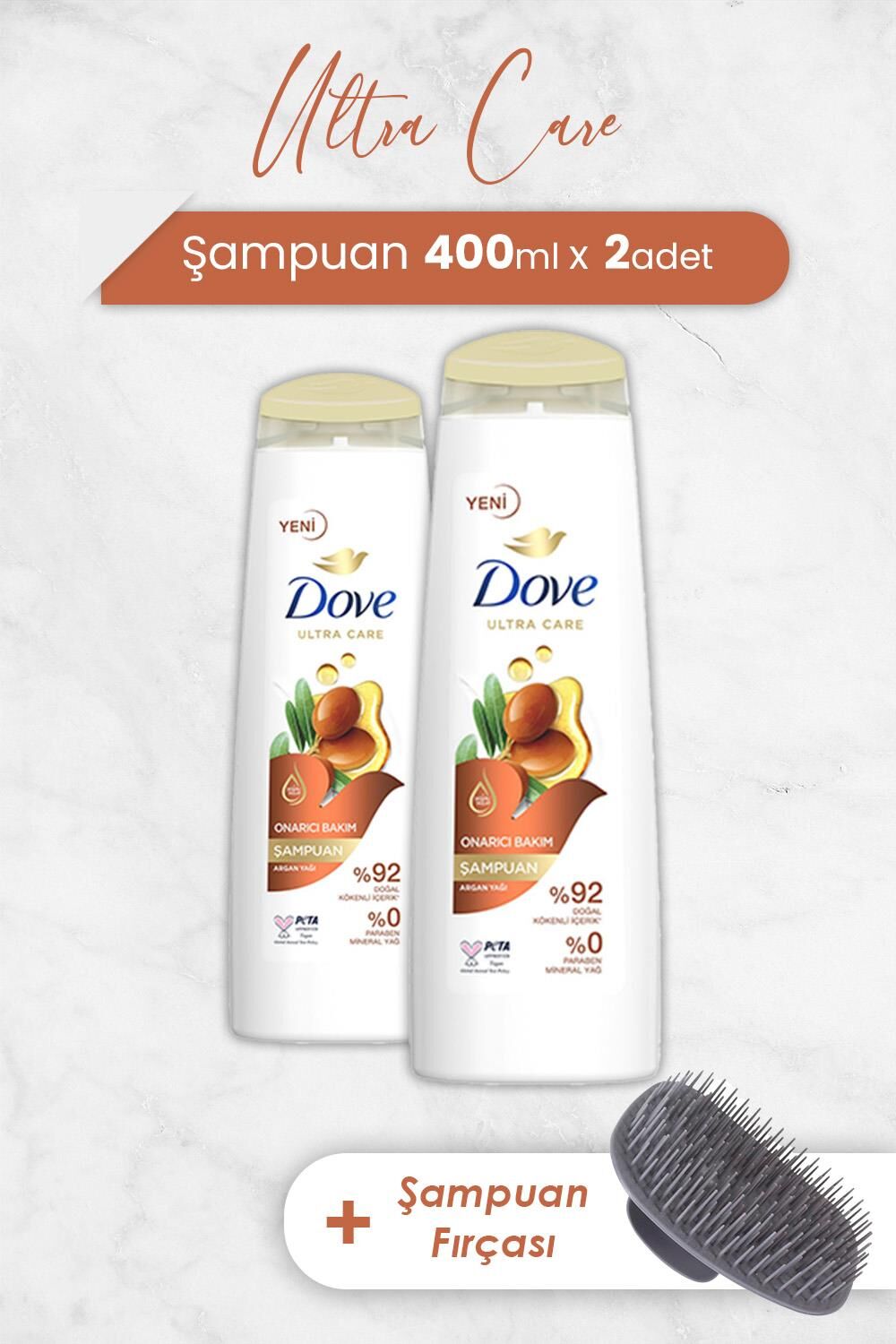 Dove Ultra Care Onarıcı Bakım Argan Yağı Şampuan 400 ml x 2 Adet ve Şampuan Fırçası