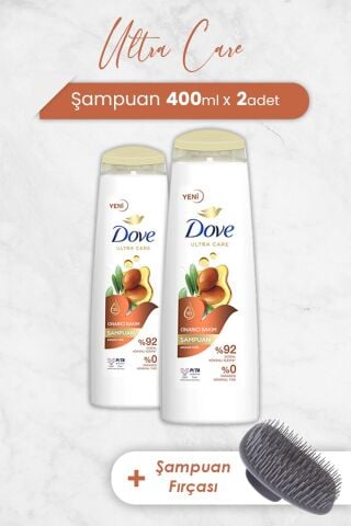 Dove Ultra Care Onarıcı Bakım Argan Yağı Şampuan 400 ml x 2 Adet ve Şampuan Fırçası