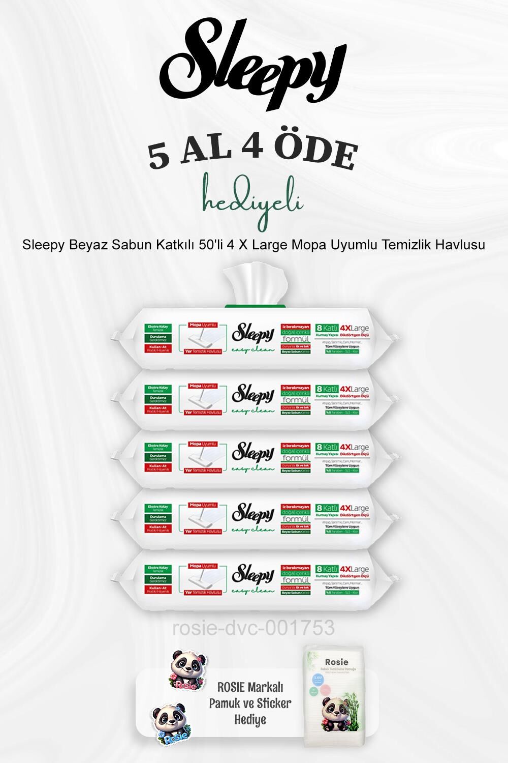 Sleepy Beyaz Sabun Katkılı 50'li 4 X Large Mopa Uyumlu Temizlik Havlusu 5 Al 4 Öde ve Rosie Pamuk