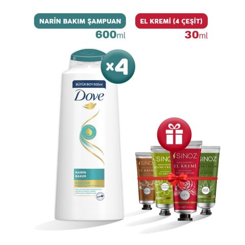 Dove Şampuan Narin Bakım 600 ml x 4 ve 4 Çeşit El Kremi Hediyeli