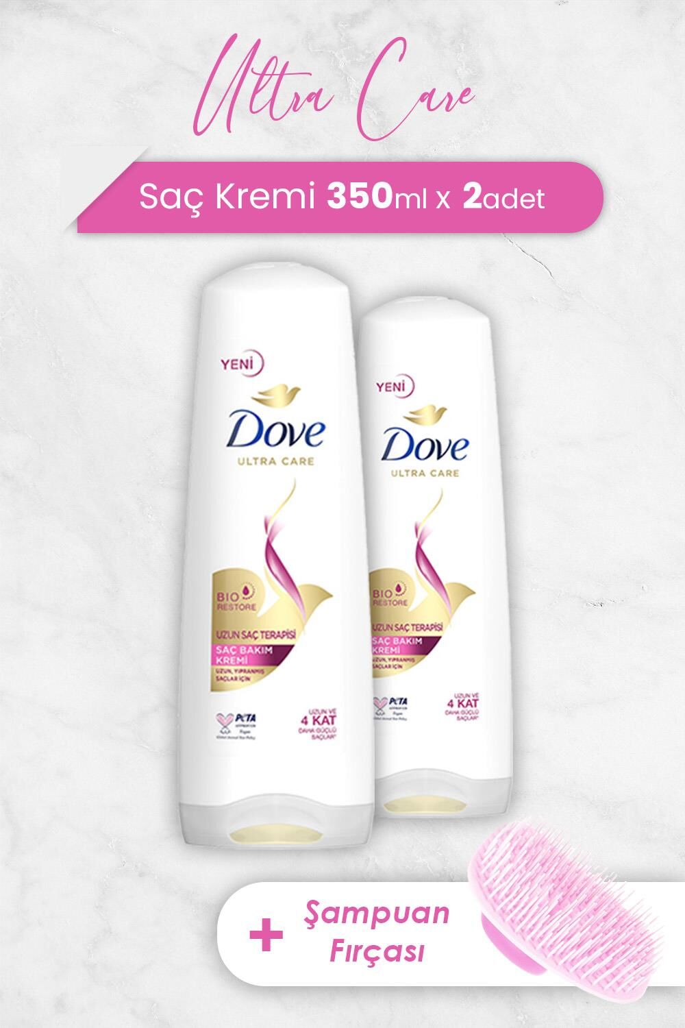 Dove Ultra Care Saç Kremi Uzun Saç Terapisi 350 ml x 2 Adet ve Şampuan Fırçası