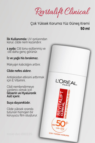 3 Adet Loreal Paris Revitalift Clinical SPF 50+ Yüz Güneş Kremi 50 ml ve ROSIE