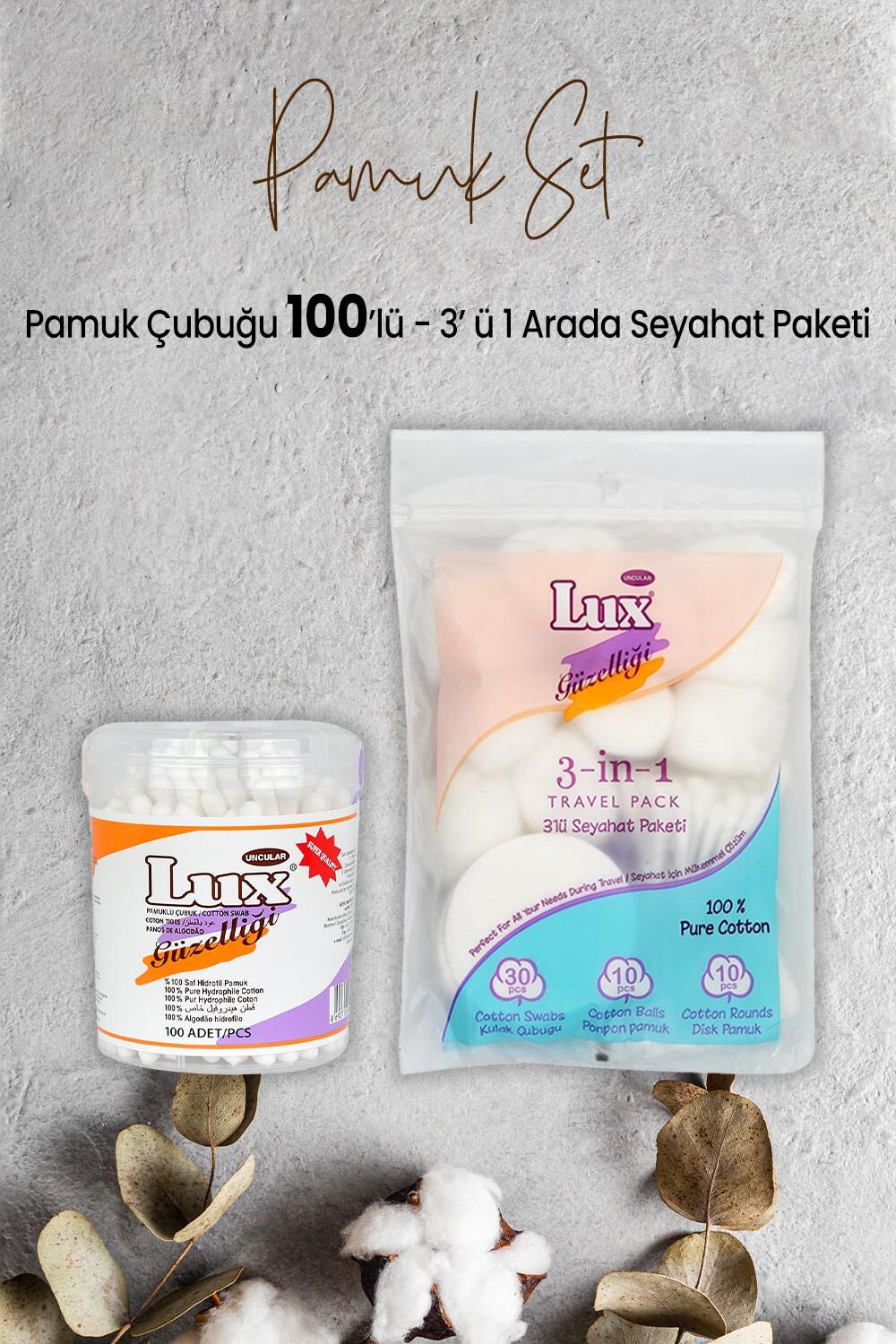 Lux Pamuk Çubuğu 100' lü ve 3' lü Seyahat Paketi