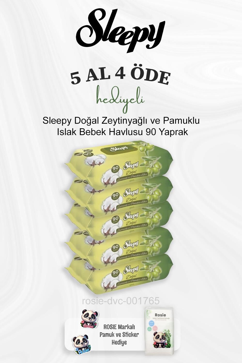 Sleepy Doğal Zeytinyağlı ve Pamuklu Islak Bebek Havlusu 90 Yaprak 5 Al 4 Öde ve Rosie Pamuk