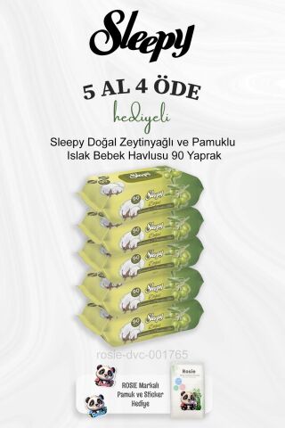 Sleepy Doğal Zeytinyağlı ve Pamuklu Islak Bebek Havlusu 90 Yaprak 5 Al 4 Öde ve Rosie Pamuk