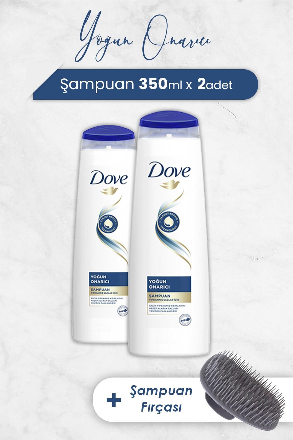 Dove Saç Bakım Şampuanı Yoğun Onarıcı 350 ml x 2 Adet ve Şampuan Fırçası