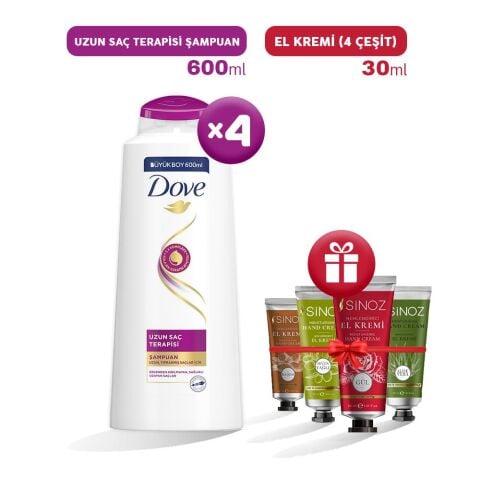 Dove Şampuan Uzun Saç Terapisi 600 ml x 4 ve 4 Çeşit El Kremi Hediyeli