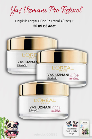 3 Adet Loreal Paris Kırışıklık Karşıtı Gündüz Kremi 40+ Pro-Retinol 50 ml ve ROSIE