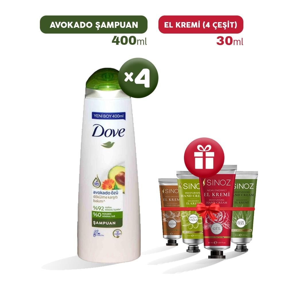 Dove Şampuan Avokado Özü 400 ml x 4 ve 4 Çeşit El Kremi Hediyeli
