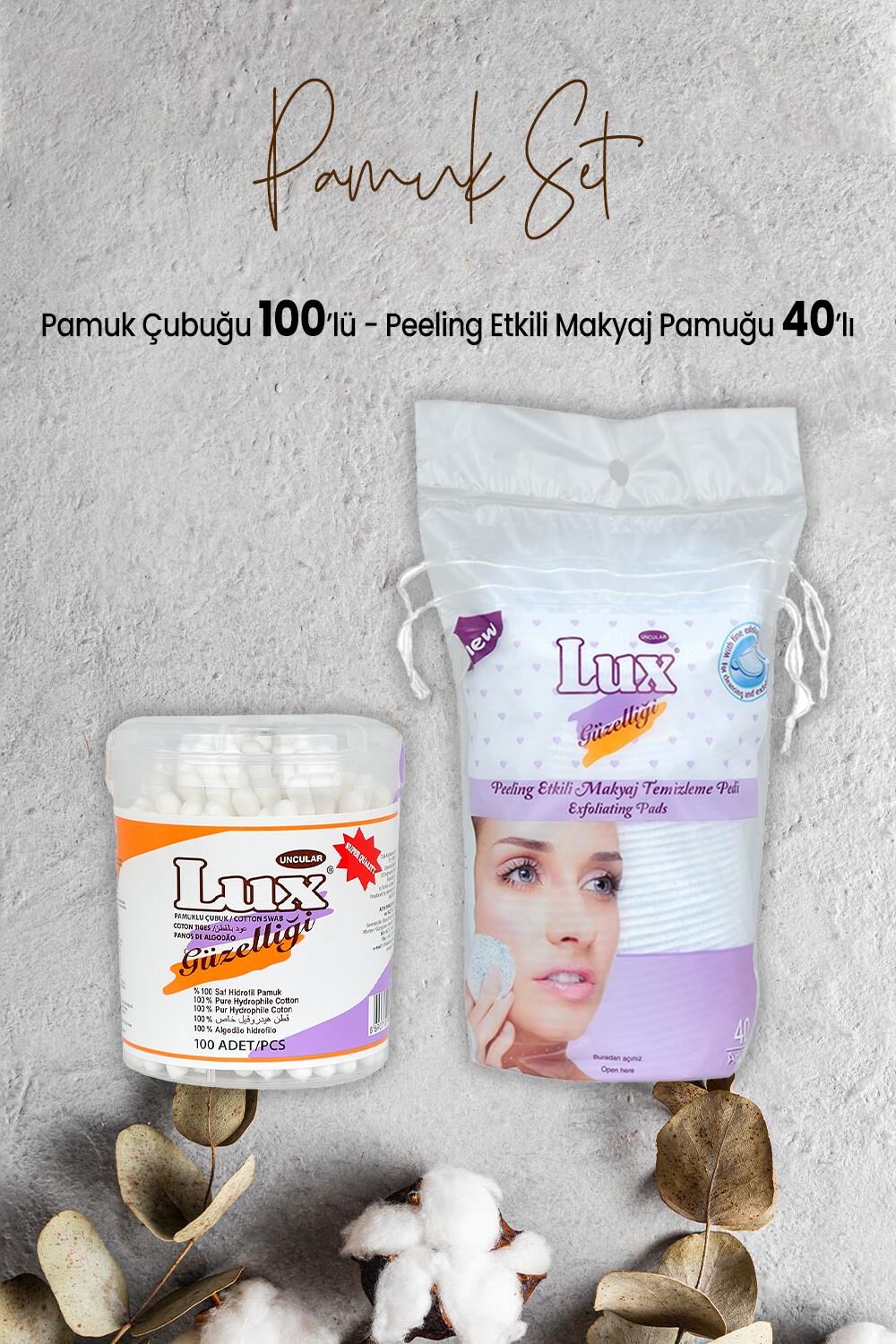Lux Pamuk Çubuğu 100' lü ve Peeling Etkili Makyaj Pamuğu 40' lı
