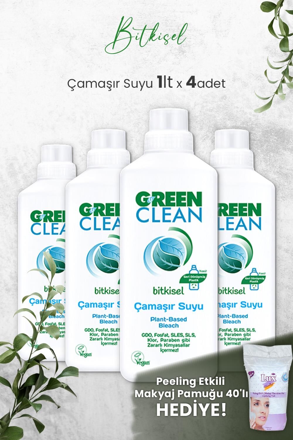 U Green Clean Bitkisel Çamaşır Suyu 1 L x 4 Adet ve Hediyeli