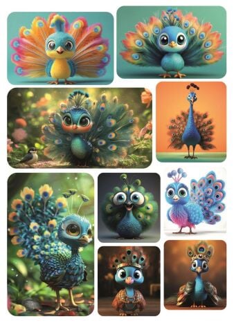 9 ADET Sevimli Hayvan Stickerlar Tavus Kuşu Temalı