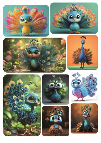 9 ADET Sevimli Hayvan Stickerlar Tavus Kuşu Temalı