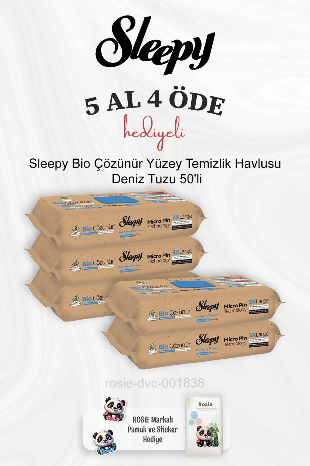 Sleepy Bio Çözünür Yüzey Temizlik Havlusu Deniz Tuzu 50'li 5 Al 4 Öde ve Rosie Pamuk