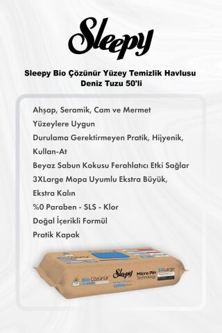 Sleepy Bio Çözünür Yüzey Temizlik Havlusu Deniz Tuzu 50'li 5 Al 4 Öde ve Rosie Pamuk