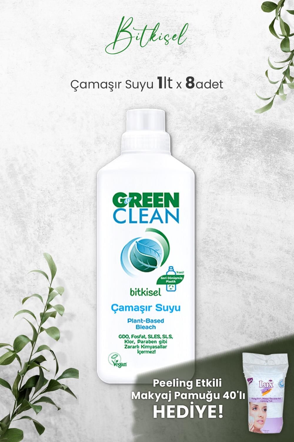 U Green Clean Bitkisel Çamaşır Suyu 1 L x 8 Adet ve Hediyeli