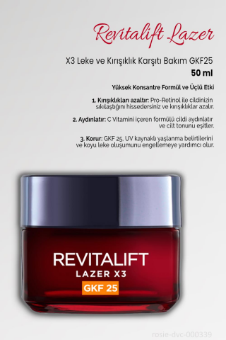 3 Adet Loreal Paris Revitalift Lazer X3 Leke ve Kırışıklık Karşıtı Bakım GKF25 ve ROSIE