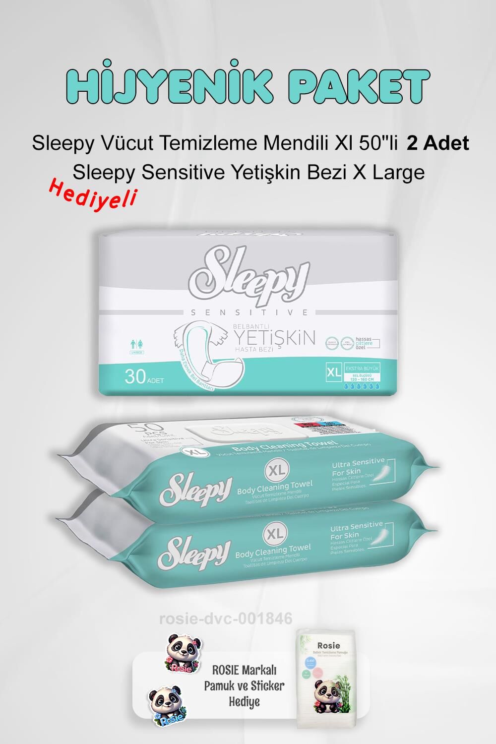 Sleepy Hijyen Paketi Sensitive Yetişkin Bezi X Large ve Vücut Temizleme Mendili Xl 50''li X2 ve Rosie Pamuk