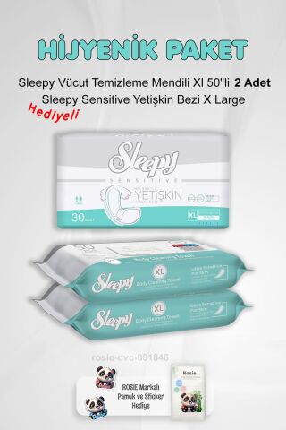 Sleepy Hijyen Paketi Sensitive Yetişkin Bezi X Large ve Vücut Temizleme Mendili Xl 50''li X2 ve Rosie Pamuk