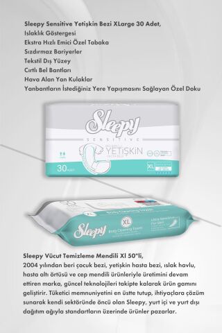 Sleepy Hijyen Paketi Sensitive Yetişkin Bezi X Large ve Vücut Temizleme Mendili Xl 50''li X2 ve Rosie Pamuk