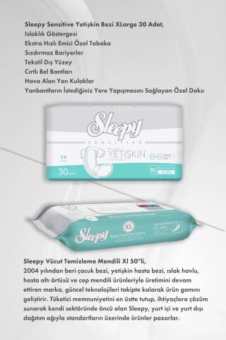 Sleepy Hijyen Paketi Sensitive Yetişkin Bezi X Large ve Vücut Temizleme Mendili Xl 50''li X2 ve Rosie Pamuk