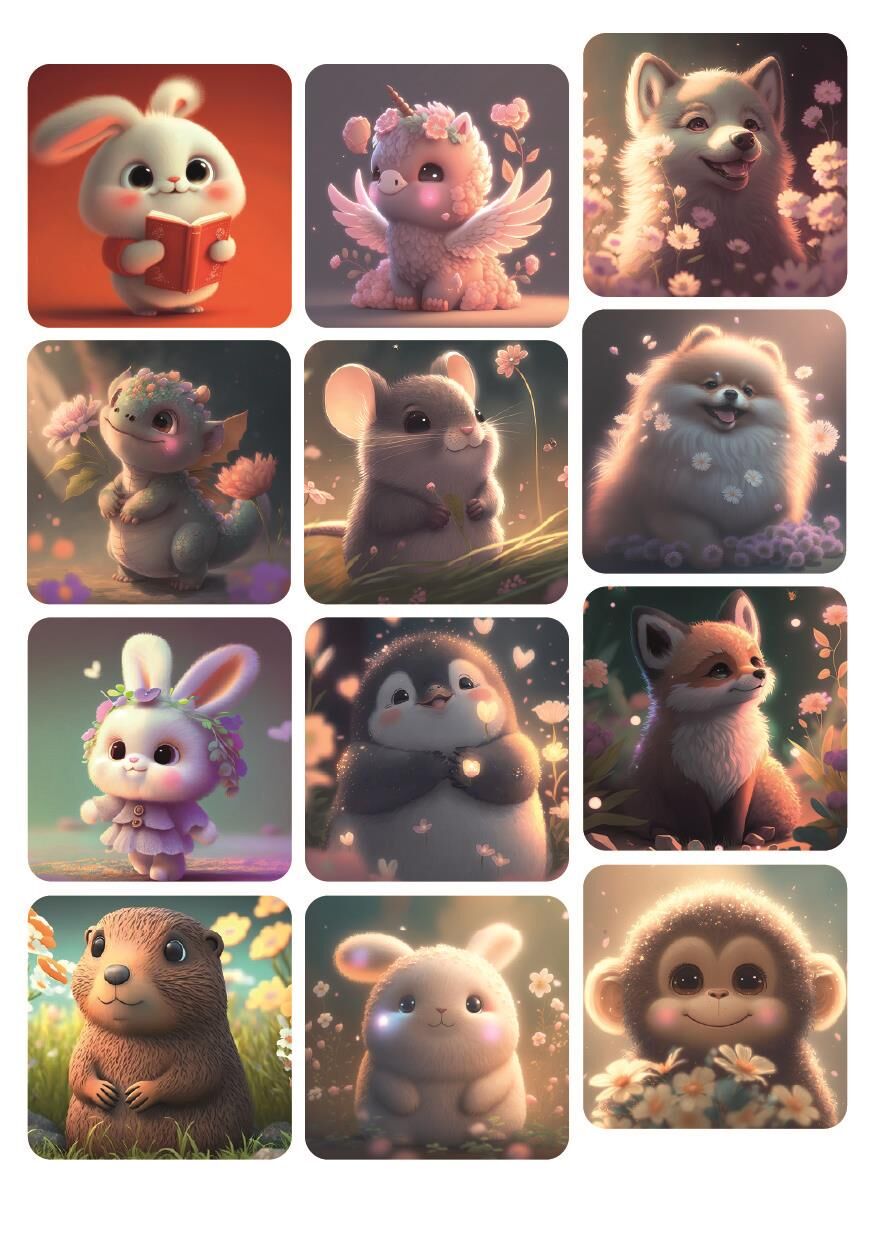 Karma Hayvanlar Serisi 12 ADET Çiçek Temalı Sevimli Hayvanlar Sticker