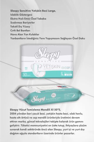 Sleepy Hijyen Paketi Sensitive Yetişkin Bezi Large ve Vücut Temizleme Mendili Xl 50''li X2 ve Rosie Pamuk
