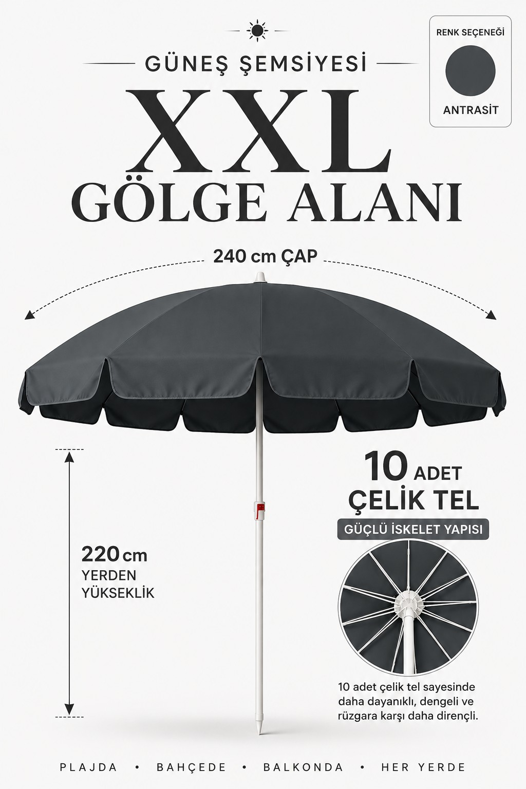 Antrasit renk 240 çap/10 telli Bahçe, Güneş Şemsiyesi