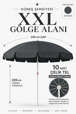 Antrasit renk 240 çap/10 telli Bahçe, Güneş Şemsiyesi