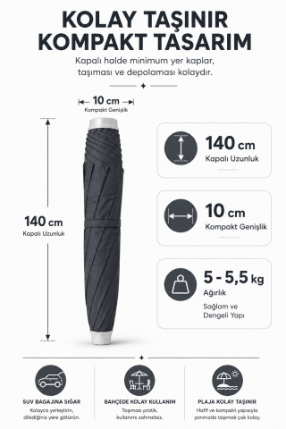Antrasit renk 240 çap/10 telli Bahçe, Güneş Şemsiyesi