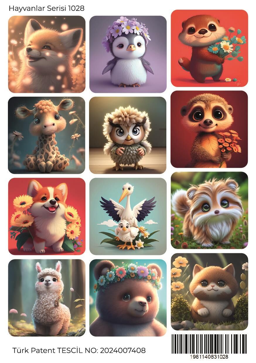 Sevimli Hayvanlar 12 ADET Karışık Kare Tasarım Sticker