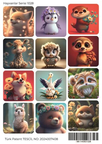 Sevimli Hayvanlar 12 ADET Karışık Kare Tasarım Sticker