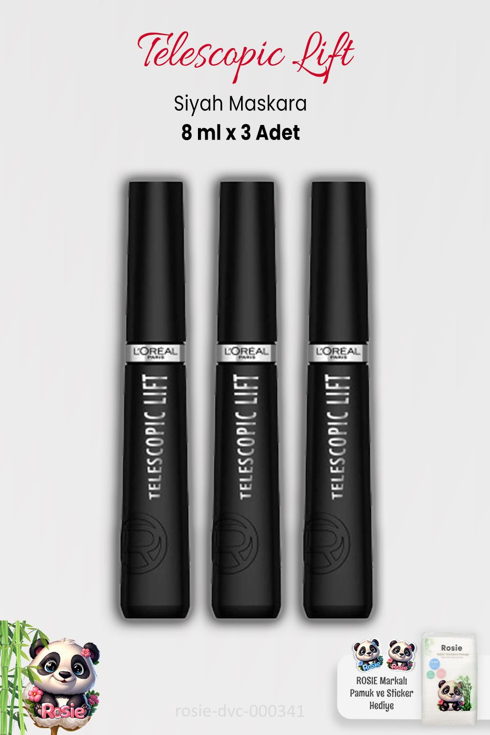 3 Adet Loreal Paris Telescopic Lift Maskara Siyah ve ROSIE Pamuk
