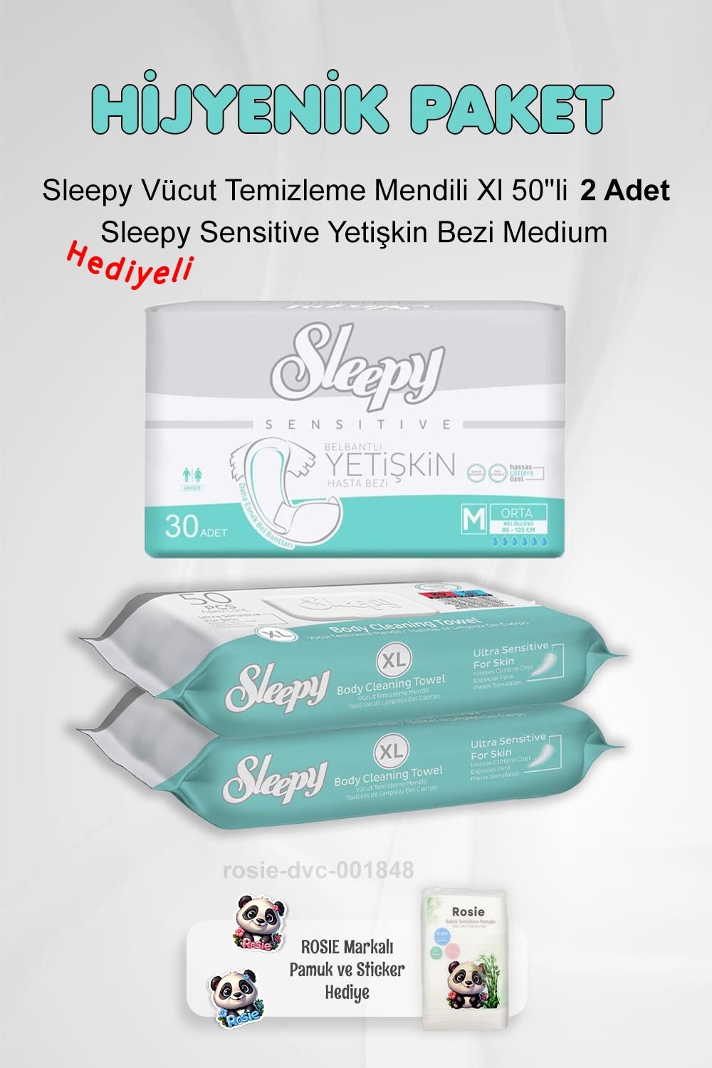 Sleepy Hijyen Paketi Sensitive Yetişkin Bezi Medium ve Vücut Temizleme Mendili Xl 50''li X2 ve Rosie Pamuk